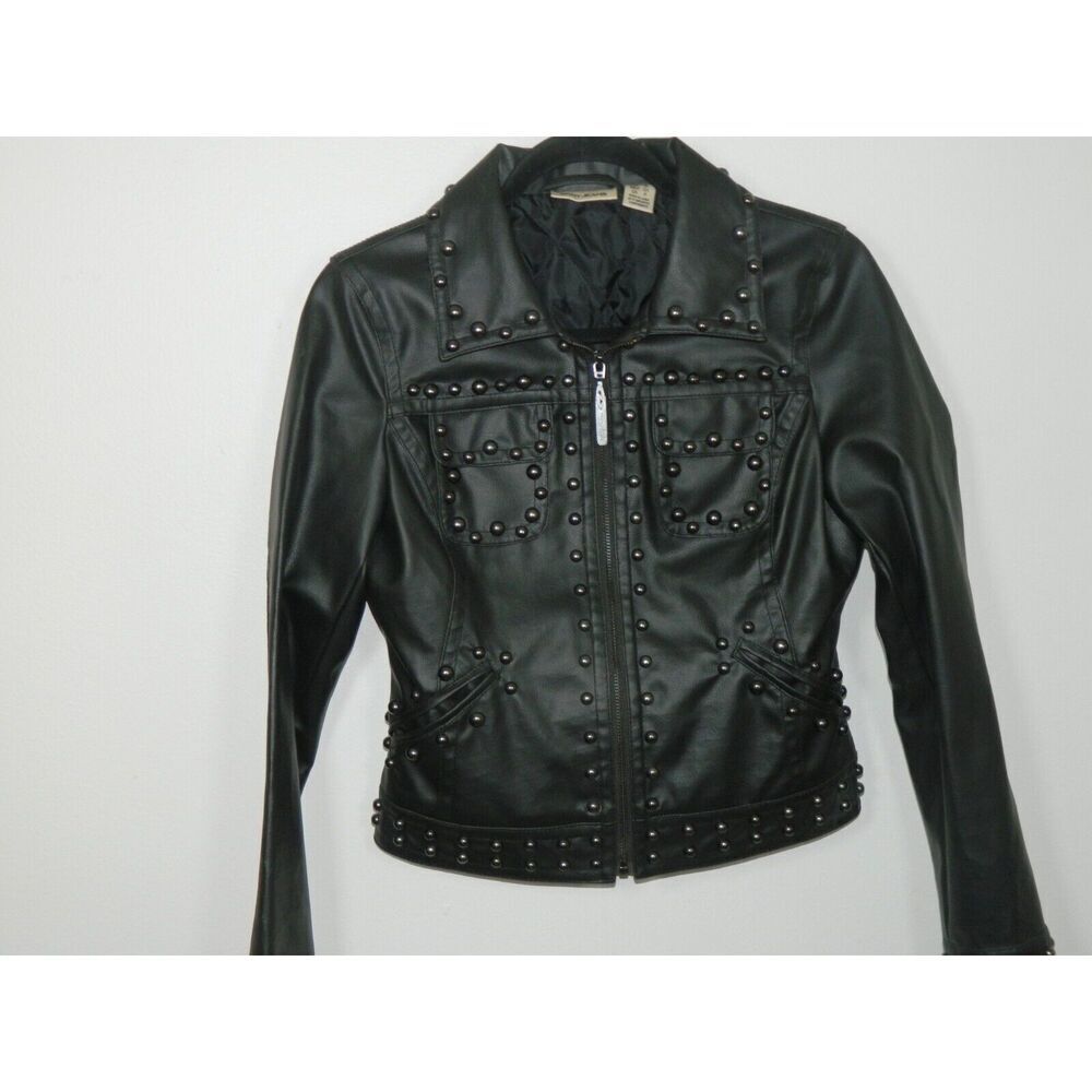 DKNY Jacket‎ Size Smalll Black Faux-Leather  Studded Moto Quilted Lining - Picture 8 of 11